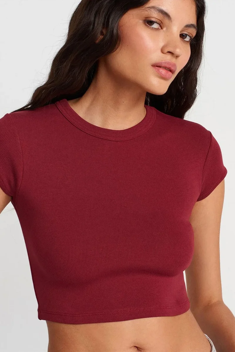 Dilvin Burgundy Red DILVIN Women's Slim Fit Crop Crew Neck T-Shirt for Women | Best Price UAE