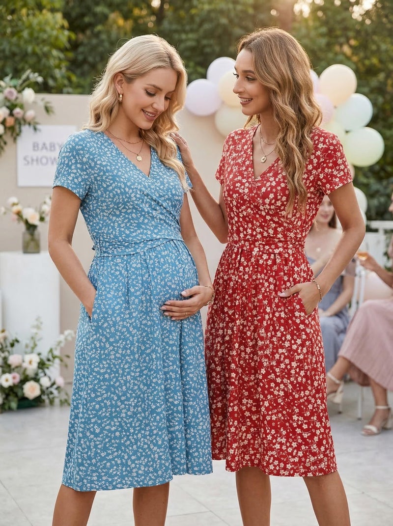 OUGES Maternity Nursing Dress Breastfeeding Short Sleeve V Neck Casual Pregnancy Postpartum Summer Dress Pockets(Floral G,M) - Image 5