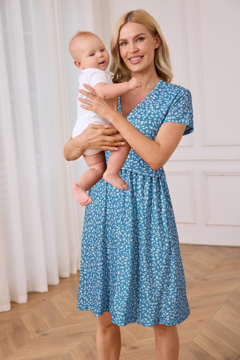 OUGES Maternity Nursing Dress Breastfeeding Short Sleeve V Neck Casual Pregnancy Postpartum Summer Dress Pockets(Floral G,M) - Image 3