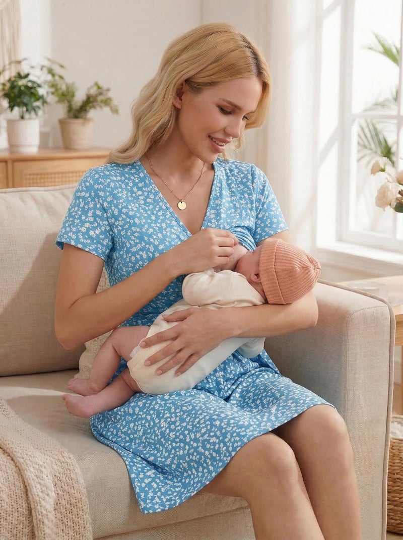 OUGES Maternity Nursing Dress Breastfeeding Short Sleeve V Neck Casual Pregnancy Postpartum Summer Dress Pockets(Floral G,M) - Image 2