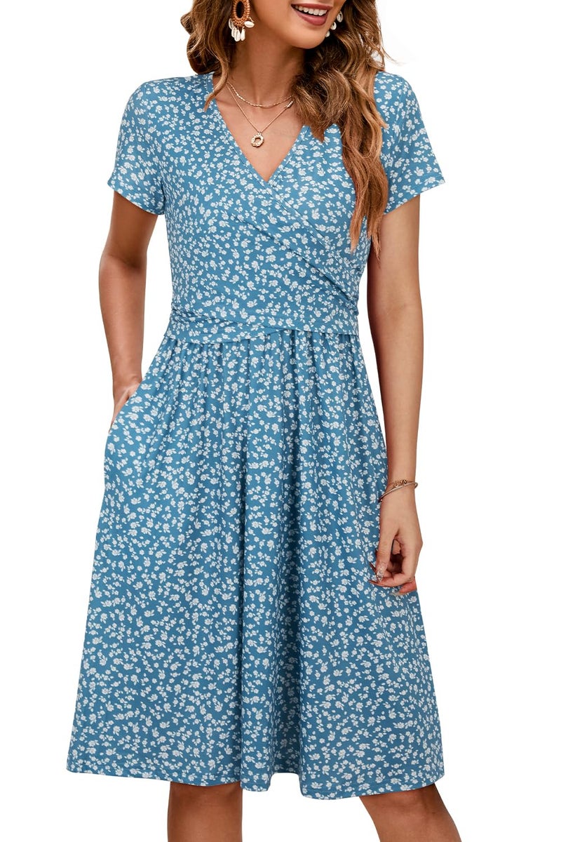 OUGES Maternity Nursing Dress Breastfeeding Short Sleeve V Neck Casual Pregnancy Postpartum Summer Dress Pockets(Floral G,M) - Image 1