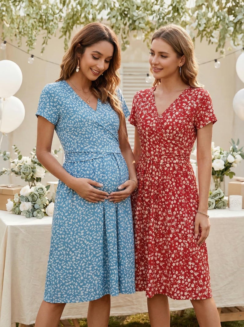 OUGES Maternity Nursing Dress Breastfeeding Short Sleeve V Neck Casual Pregnancy Postpartum Summer Dress Pockets(Floral G,M) - Image 4
