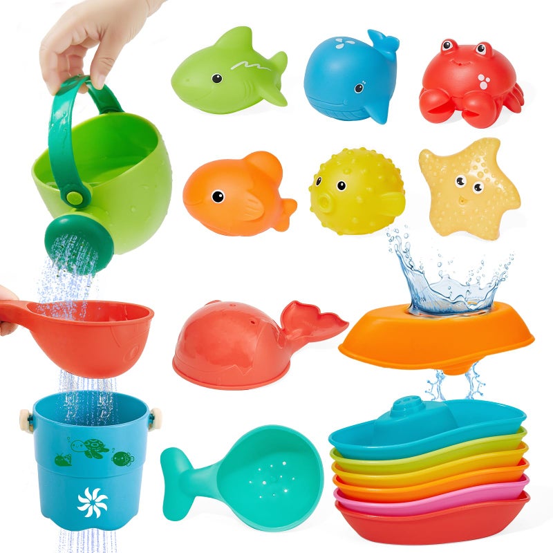AMCHSURI Baby Bath Toys for Kids Ages 1-3, 16PCS | Easy Clean Mold Free Bath Toys Toddlers 2-4 | Bathtub Pool Water Table Toys for Babies & Toddlers | Bath Boats Spoons Bucket Watering Can Tub Toy for Toddlers - Image 1