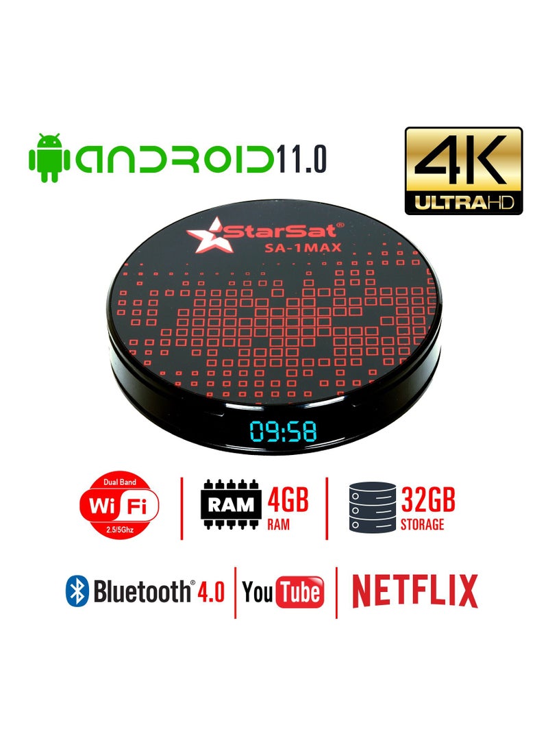 StarSat - StarSat SA-1Max 4K Smart TV Box Android 11.0 4GB 32GB Dual-Band WiFi BT USB LAN Media Box Black Red - Image 1
