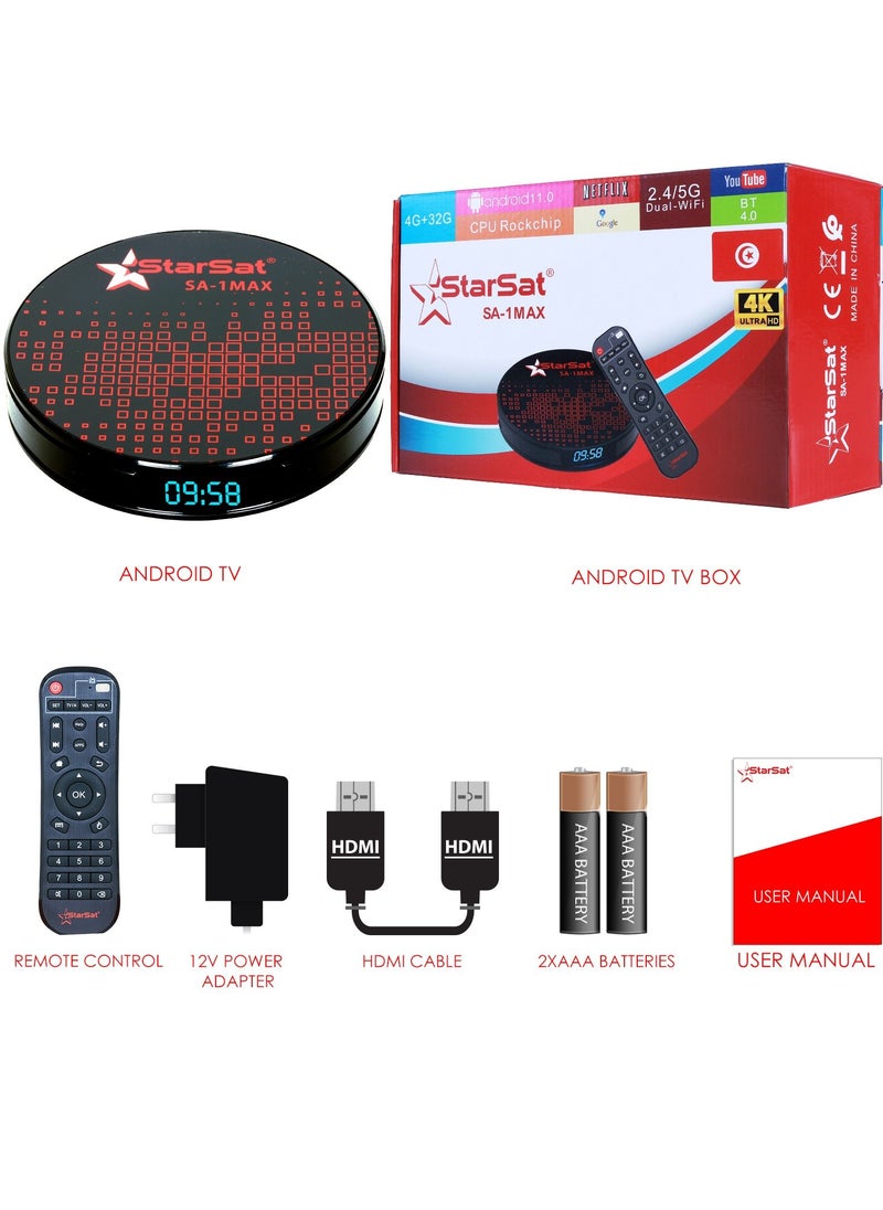 StarSat - StarSat SA-1Max 4K Smart TV Box Android 11.0 4GB 32GB Dual-Band WiFi BT USB LAN Media Box Black Red - Image 1