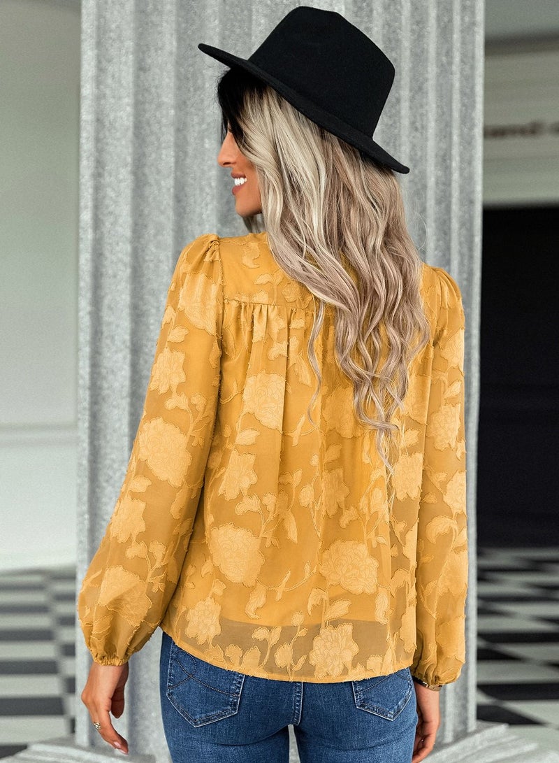 Loquat Solid round neck pullover shirt loose shirt Yellow - Image 2