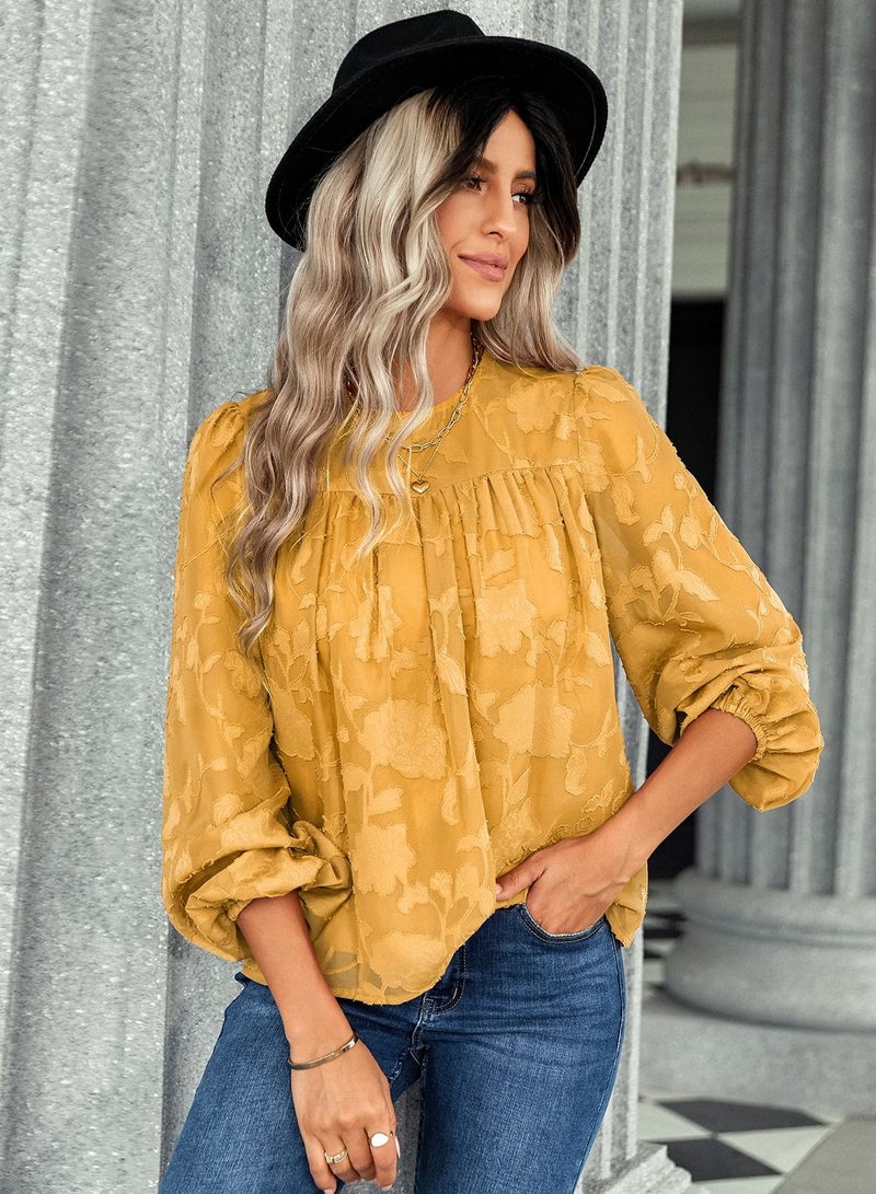 Loquat Solid round neck pullover shirt loose shirt Yellow - Image 1
