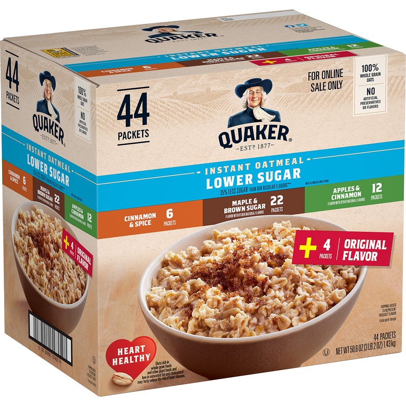 Quaker Instant Oatmeal Lower Sugar, 4 Flavor Variety Pack 44 Count (Pack of 1) - Image 1