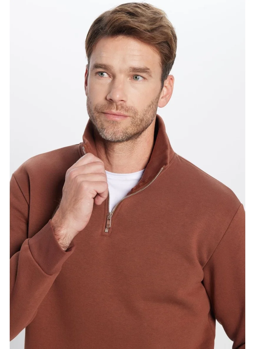 Tudors Relax Fit Comfortable Cut Cotton Polar Fleece Half Zipper Brown Stand Collar Sweatshirt