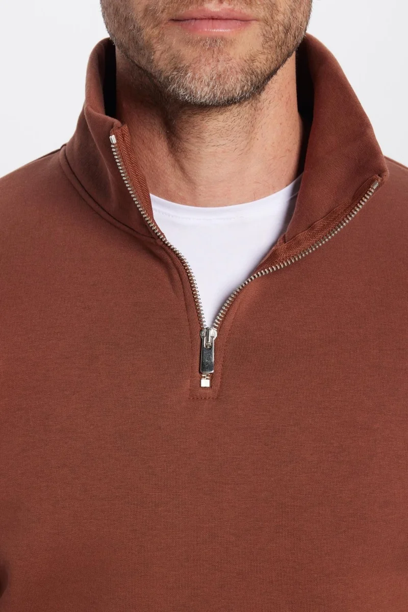 تودورس Relax Fit Comfortable Cut Cotton Polar Fleece Half Zipper Brown Stand Collar Sweatshirt