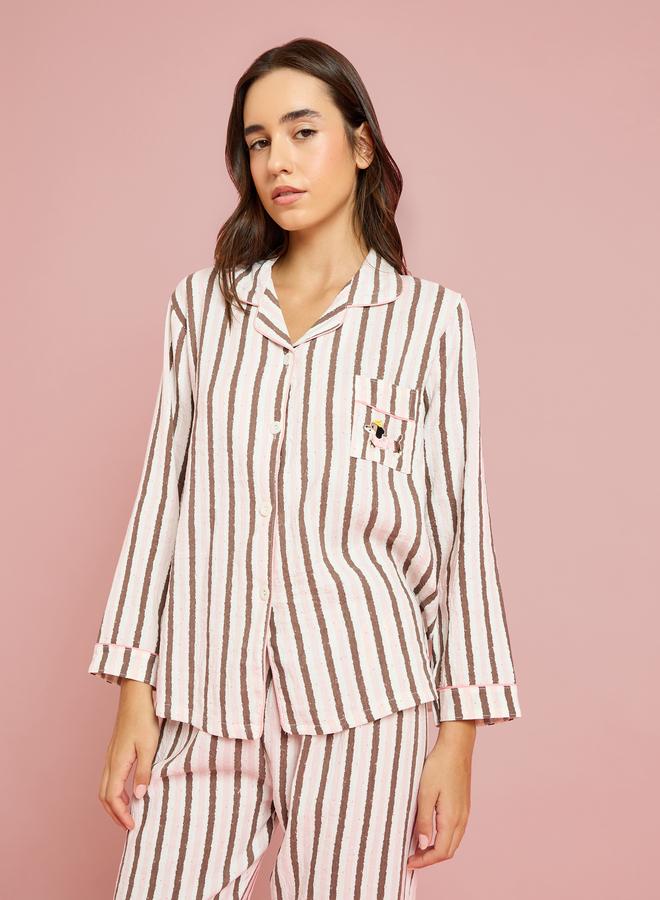 Styli Beige Striped Collar Shirt and Pyjama Set - Image 2