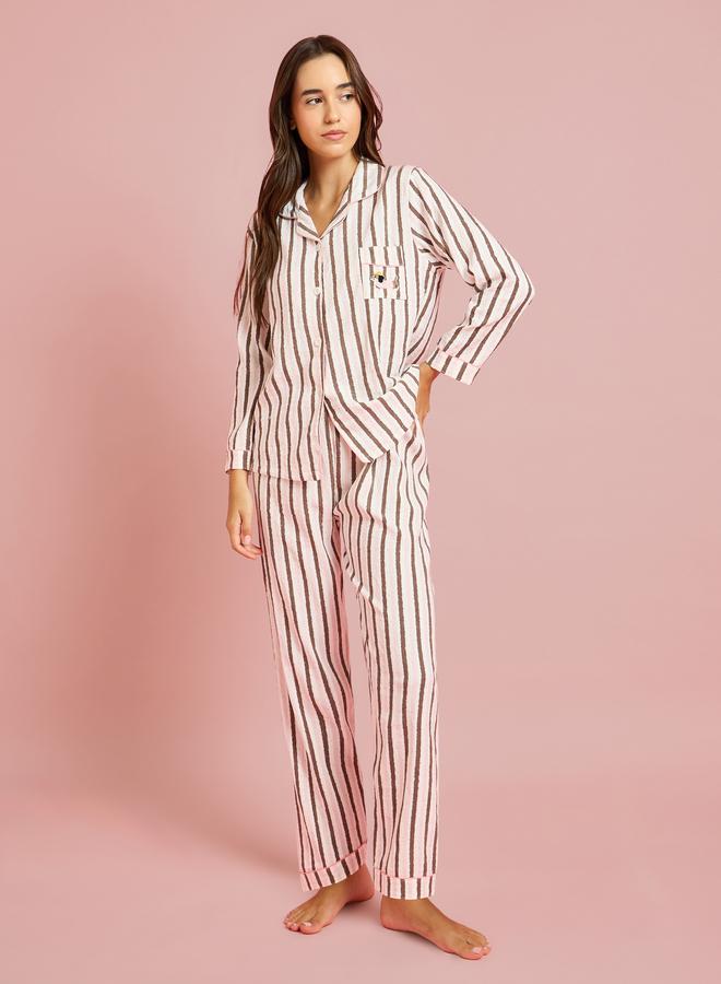 Styli Beige Striped Collar Shirt and Pyjama Set - Image 1