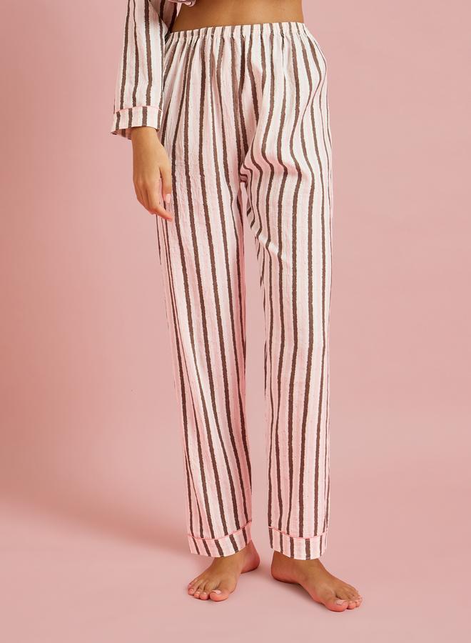 Styli Beige Striped Collar Shirt and Pyjama Set - Image 4