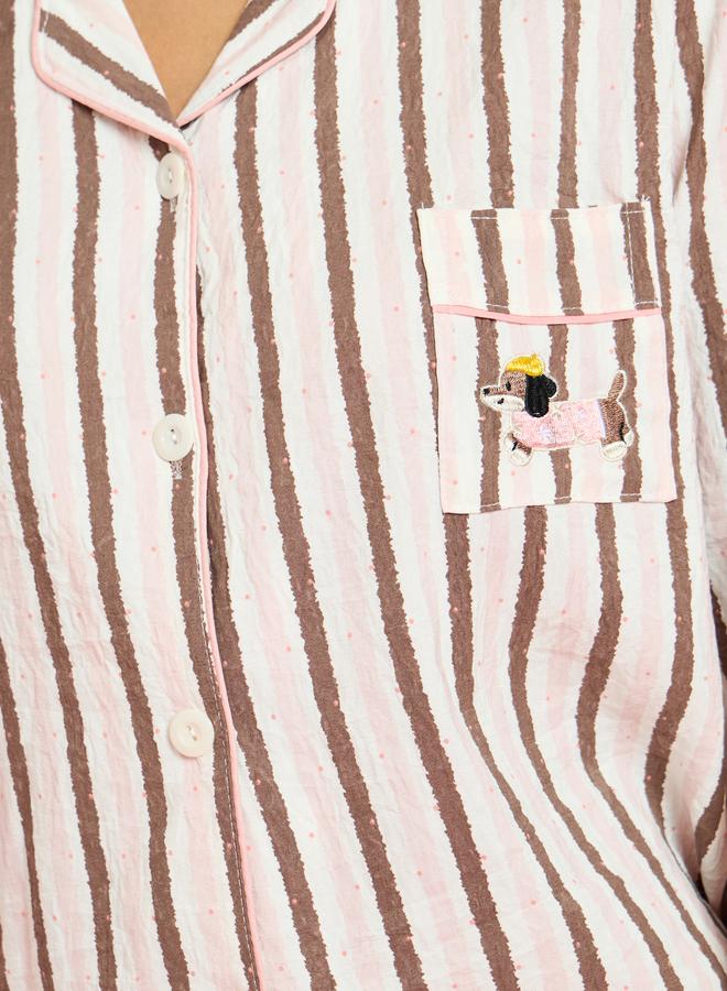 Styli Beige Striped Collar Shirt and Pyjama Set - Image 3