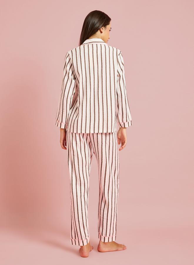 Styli Beige Striped Collar Shirt and Pyjama Set - Image 5