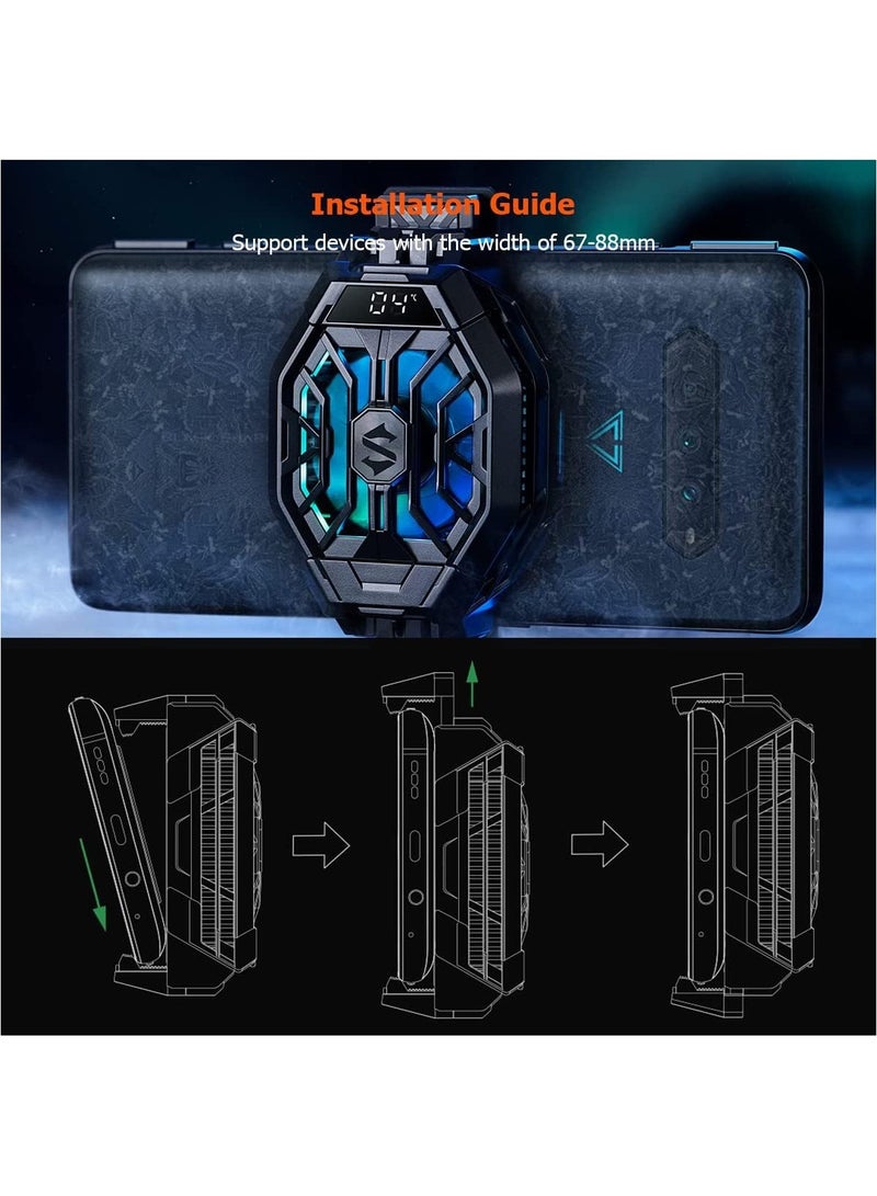 Phone Cooler, Black Shark Cell Phone Coolers Semiconductor with RGB&Time Display for iPhone Cooler for Gaming & Video Streaming & VLOG Mobile Cooling Fan for iPhone&Android Phone Black - 2Pro (Wired)