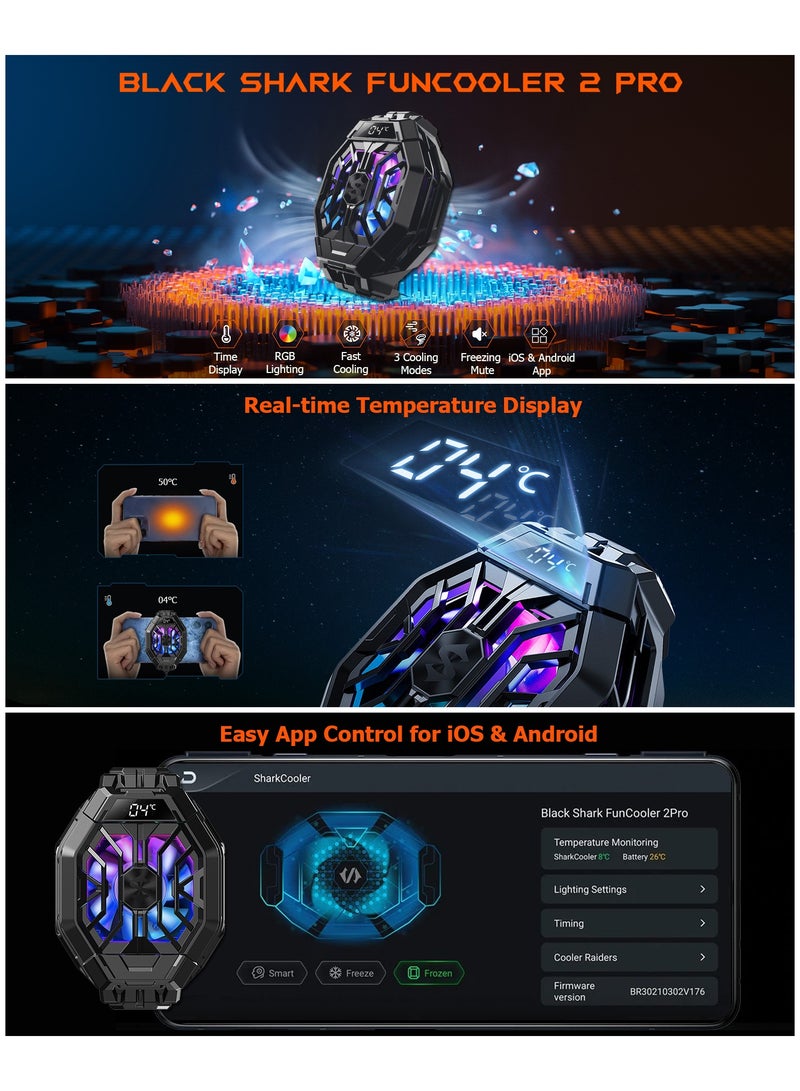 Phone Cooler, Black Shark Cell Phone Coolers Semiconductor with RGB&Time Display for iPhone Cooler for Gaming & Video Streaming & VLOG Mobile Cooling Fan for iPhone&Android Phone Black - 2Pro (Wired)