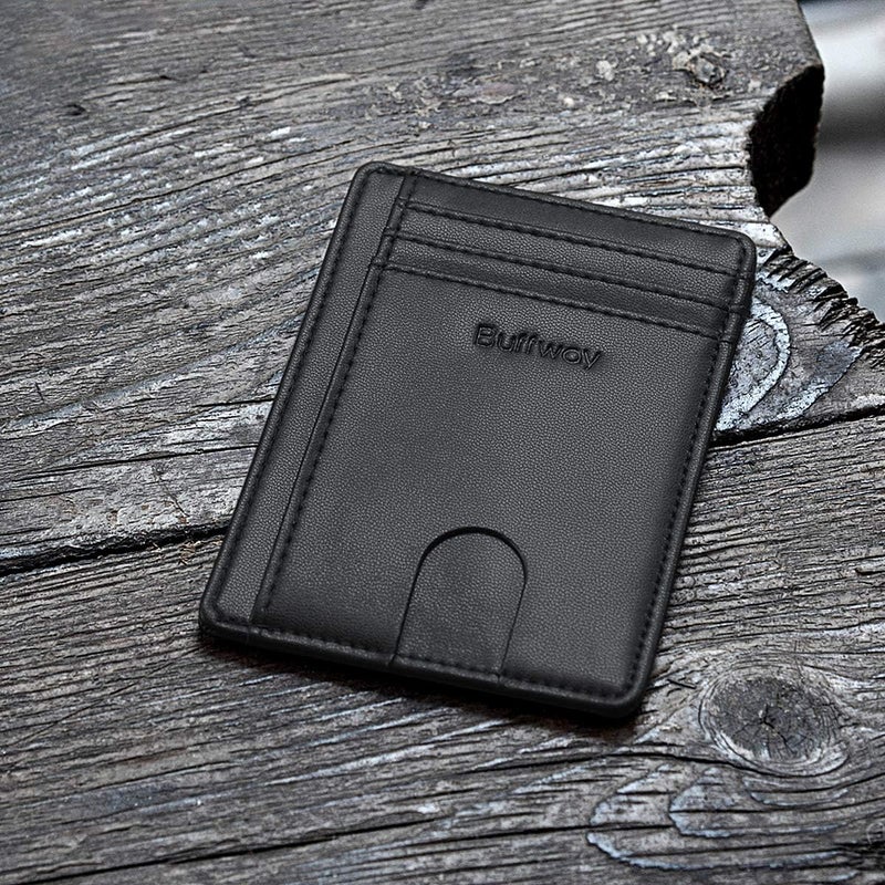 Buffway Slim Minimalist Front Pocket RFID Blocking Leather Wallets for Men and Women - Sand Black - Image 4