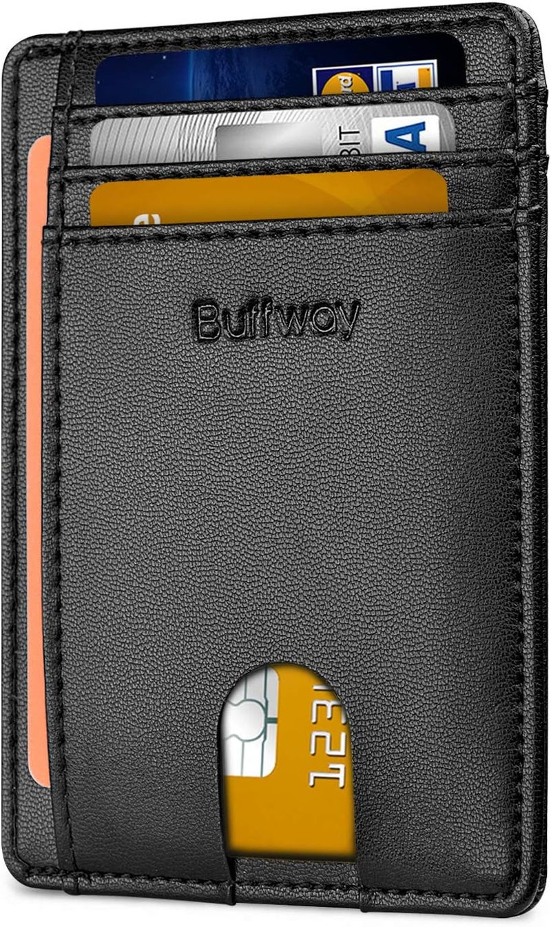 Buffway Slim Minimalist Front Pocket RFID Blocking Leather Wallets for Men and Women - Sand Black - Image 1