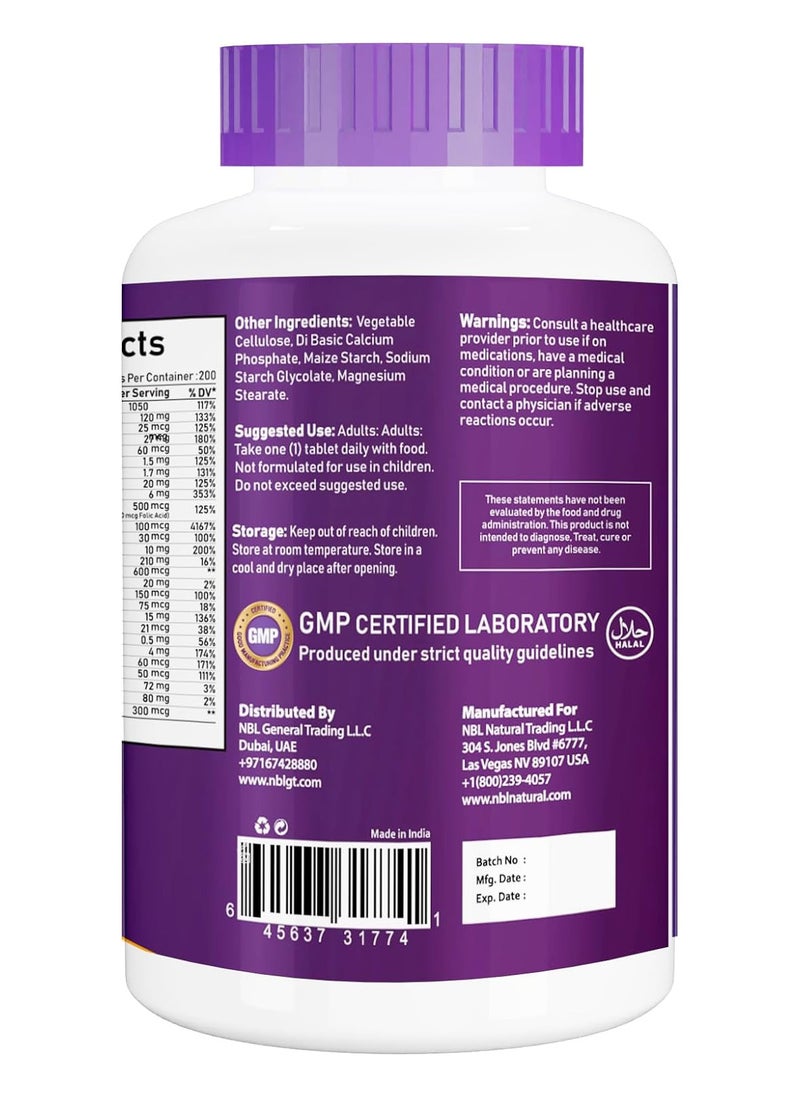 NBL Natural - NBL Natural Multivitamin for Men  over 50  years Plus, Multimineral Supplement Supports Memory and Cognition  200 Tablets - Image 1