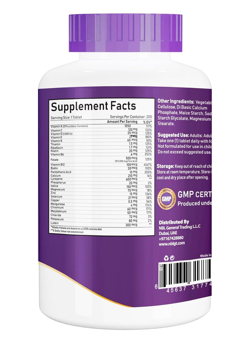 NBL Natural - NBL Natural Multivitamin for Men  over 50  years Plus, Multimineral Supplement Supports Memory and Cognition  200 Tablets - Image 1