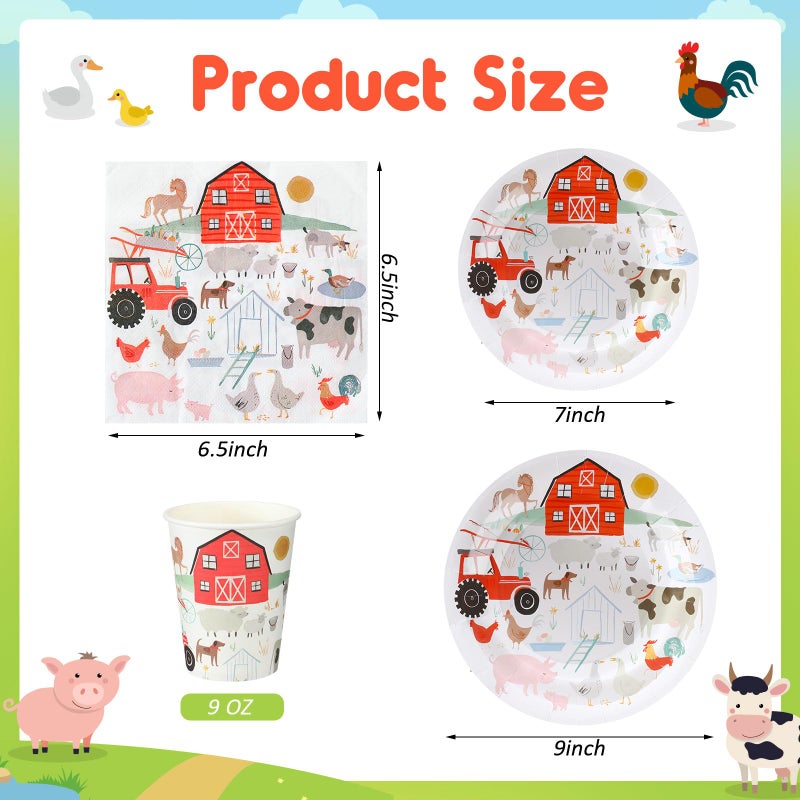FoldTier 100 Pcs Farm Animal Theme Party Plates Set, Including 25 Pack 9 Inch and 7 Inch Farm Paper Plates, 25 Disposable Napkins and 25 Paper Cups, Fit for Birthday Decorations, Baby Showers - Image 2