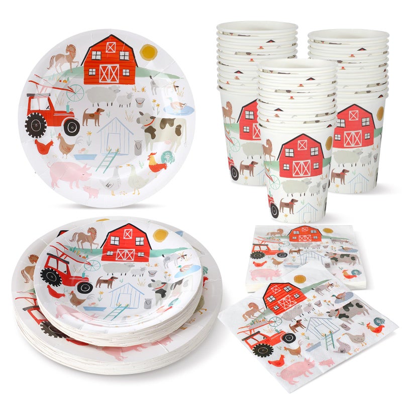 FoldTier 100 Pcs Farm Animal Theme Party Plates Set, Including 25 Pack 9 Inch and 7 Inch Farm Paper Plates, 25 Disposable Napkins and 25 Paper Cups, Fit for Birthday Decorations, Baby Showers - Image 1