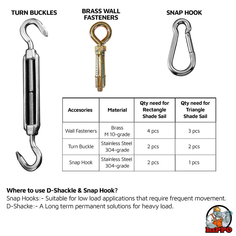 HIPPO Shade Sail Hardware Kit Brass Wall Fasteners SS 304 Turn Buckles SS 304 Snap Hooks Ideal for Rectangle Shade Sail HW Kit with Snap Hook - Image 3
