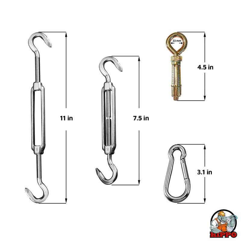 HIPPO Shade Sail Hardware Kit Brass Wall Fasteners SS 304 Turn Buckles SS 304 Snap Hooks Ideal for Rectangle Shade Sail HW Kit with Snap Hook - Image 2
