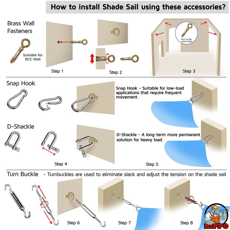 HIPPO Shade Sail Hardware Kit Brass Wall Fasteners SS 304 Turn Buckles SS 304 Snap Hooks Ideal for Rectangle Shade Sail HW Kit with Snap Hook - Image 4
