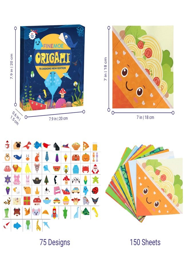 FINEMOE 150 Origami Paper with Instruction Book for Kids - Craft Paper Sheets with 75 Design, 18x18 cm DIY Art Colour Paper for Craft Kit Set, Origami Sheets Activity, Birthday Gift for Girls & Boys - Image 2