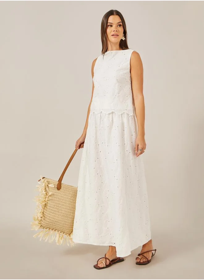 Styli Schiffli A-Line Maxi Skirt with Slit Detail