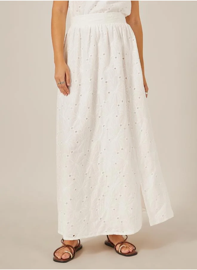Styli Schiffli A-Line Maxi Skirt with Slit Detail