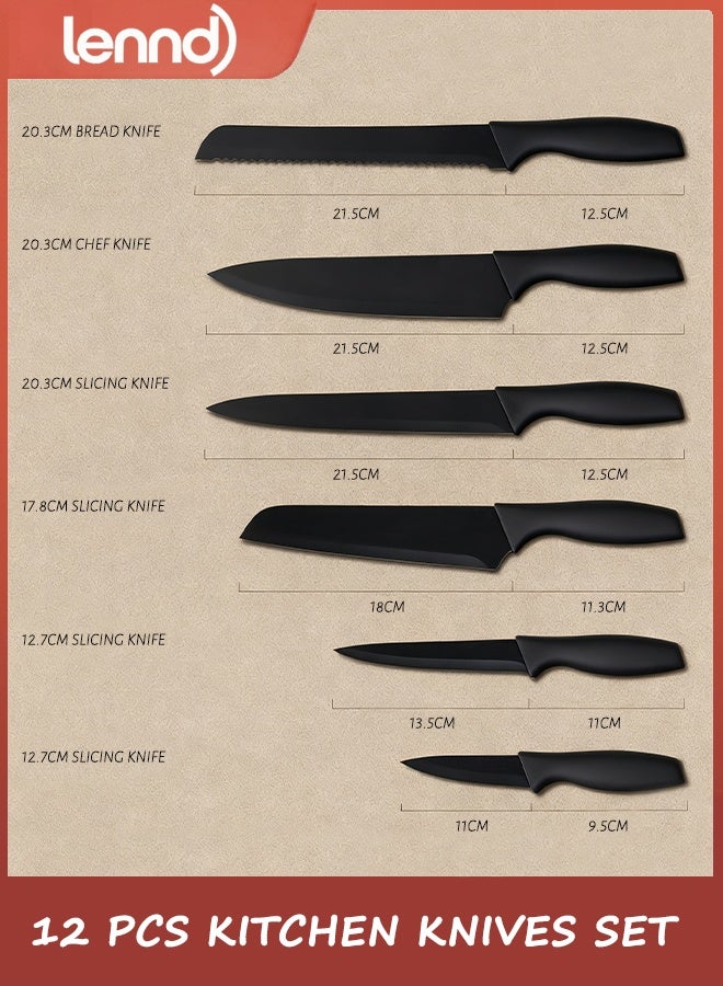 لينند مجموعة سكاكين LENND مكونة من 12 قطعة، مجموعة سكاكين مطبخ من الفولاذ المقاوم للصدأ مع طلاء سيراميك غير لاصق وآمن للاستخدام في غسالة الأطباق مع 6 واقيات للشفرة، مقاومة للصدأ، لون أسود - Image 2
