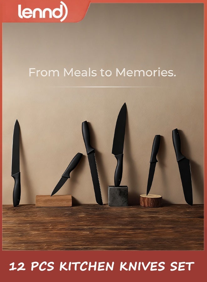 لينند مجموعة سكاكين LENND مكونة من 12 قطعة، مجموعة سكاكين مطبخ من الفولاذ المقاوم للصدأ مع طلاء سيراميك غير لاصق وآمن للاستخدام في غسالة الأطباق مع 6 واقيات للشفرة، مقاومة للصدأ، لون أسود - Image 4
