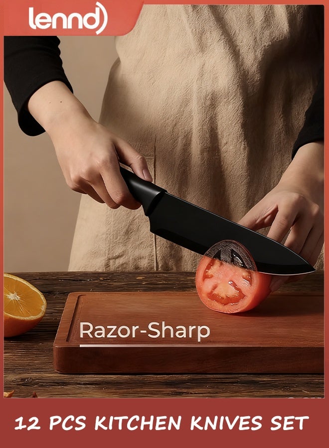 لينند مجموعة سكاكين LENND مكونة من 12 قطعة، مجموعة سكاكين مطبخ من الفولاذ المقاوم للصدأ مع طلاء سيراميك غير لاصق وآمن للاستخدام في غسالة الأطباق مع 6 واقيات للشفرة، مقاومة للصدأ، لون أسود - Image 3