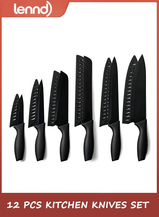 لينند مجموعة سكاكين LENND مكونة من 12 قطعة، مجموعة سكاكين مطبخ من الفولاذ المقاوم للصدأ مع طلاء سيراميك غير لاصق وآمن للاستخدام في غسالة الأطباق مع 6 واقيات للشفرة، مقاومة للصدأ، لون أسود - Image 1