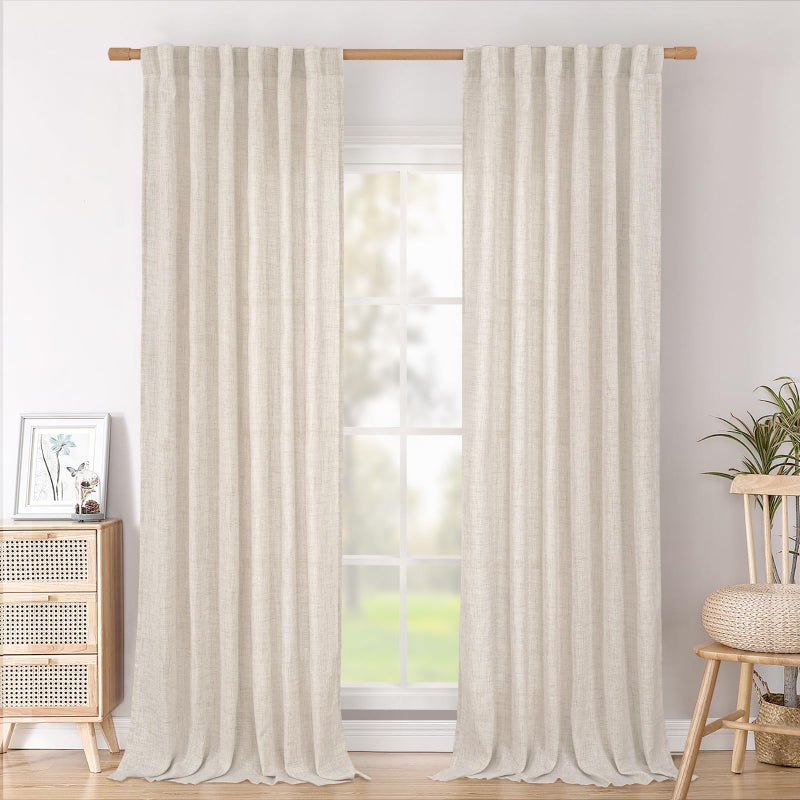 BGment 96 Inches Long Linen Semi Sheer Curtains for Living Room 2 Panel Set, Light Filtering Drapes Natural Textured with Rod Pocket Back Tab for Farmhouse Bedroom, Each Panel 52 Inch Wide - Image 1