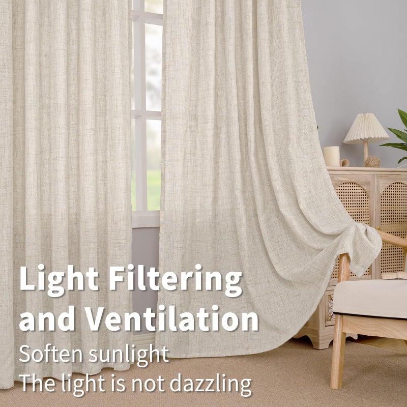 BGment 96 Inches Long Linen Semi Sheer Curtains for Living Room 2 Panel Set, Light Filtering Drapes Natural Textured with Rod Pocket Back Tab for Farmhouse Bedroom, Each Panel 52 Inch Wide - Image 4