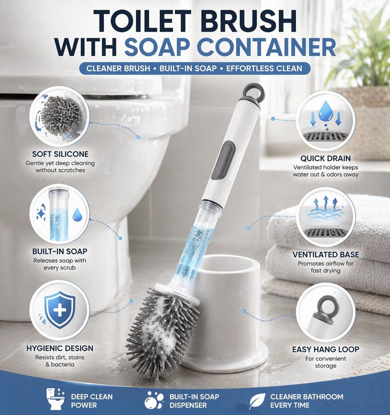 Toilet Brush with Soap Dispenser, Silicone Toilet Brush Set with Holder, Built-in Liquid Container, Deep Cleaning Bathroom Brush, Quick Dry Hygienic Design, White – 39cm, White - Image 2