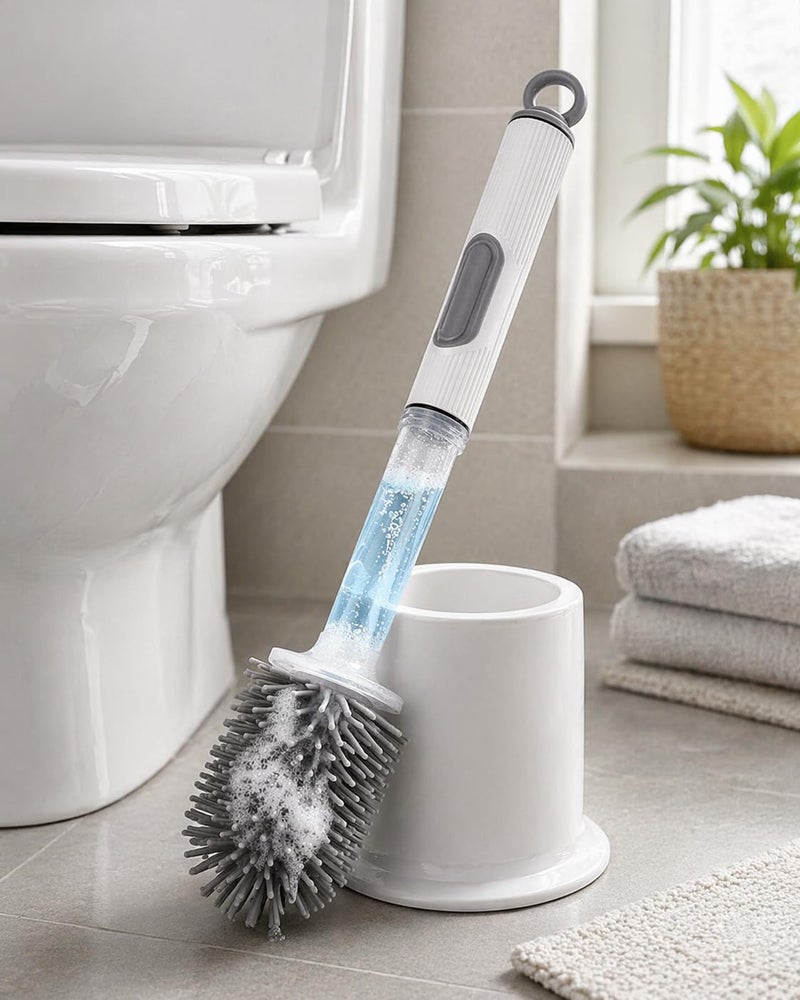 Toilet Brush with Soap Dispenser, Silicone Toilet Brush Set with Holder, Built-in Liquid Container, Deep Cleaning Bathroom Brush, Quick Dry Hygienic Design, White – 39cm, White - Image 4