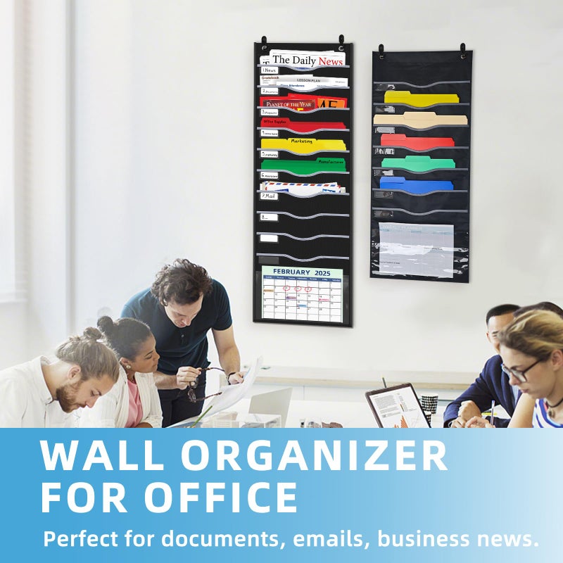 ALSLEA 11 Pockets Hanging Wall File Organizer 15" Extra Wide Pocket Chart for Classroom, Office, Home, Mail Organizer Wall Mounted with 1 Writable Clear Pocket, 5 Wall/Door Hooks & 12 Labels (Black) - Image 4