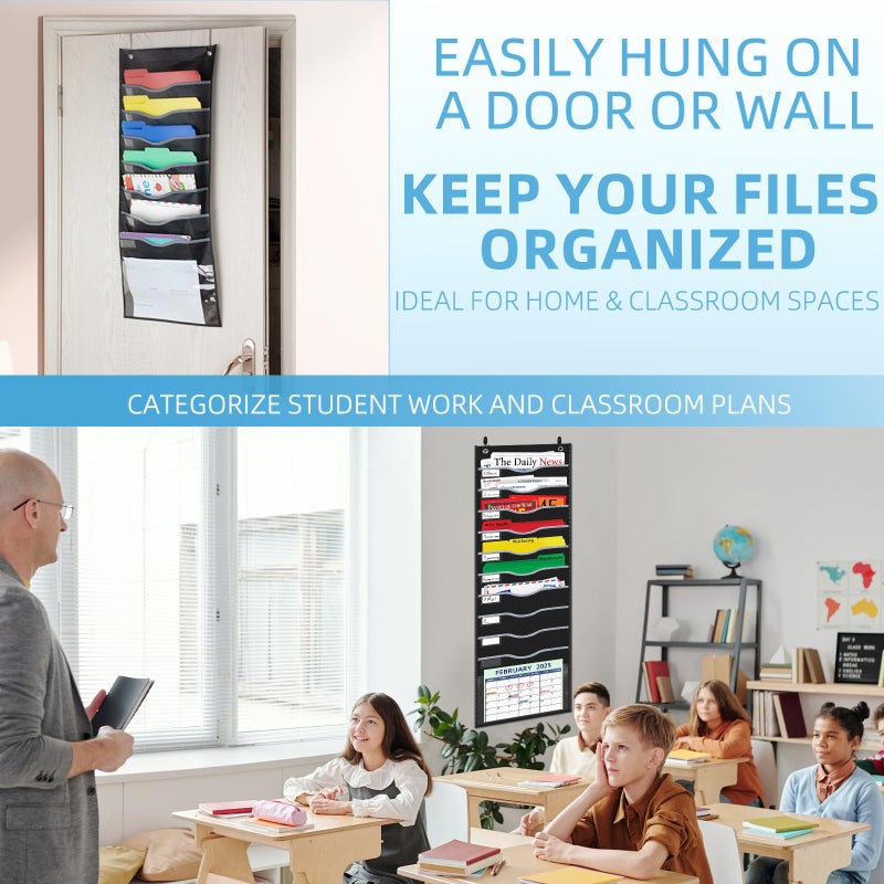 ALSLEA 11 Pockets Hanging Wall File Organizer 15" Extra Wide Pocket Chart for Classroom, Office, Home, Mail Organizer Wall Mounted with 1 Writable Clear Pocket, 5 Wall/Door Hooks & 12 Labels (Black) - Image 5
