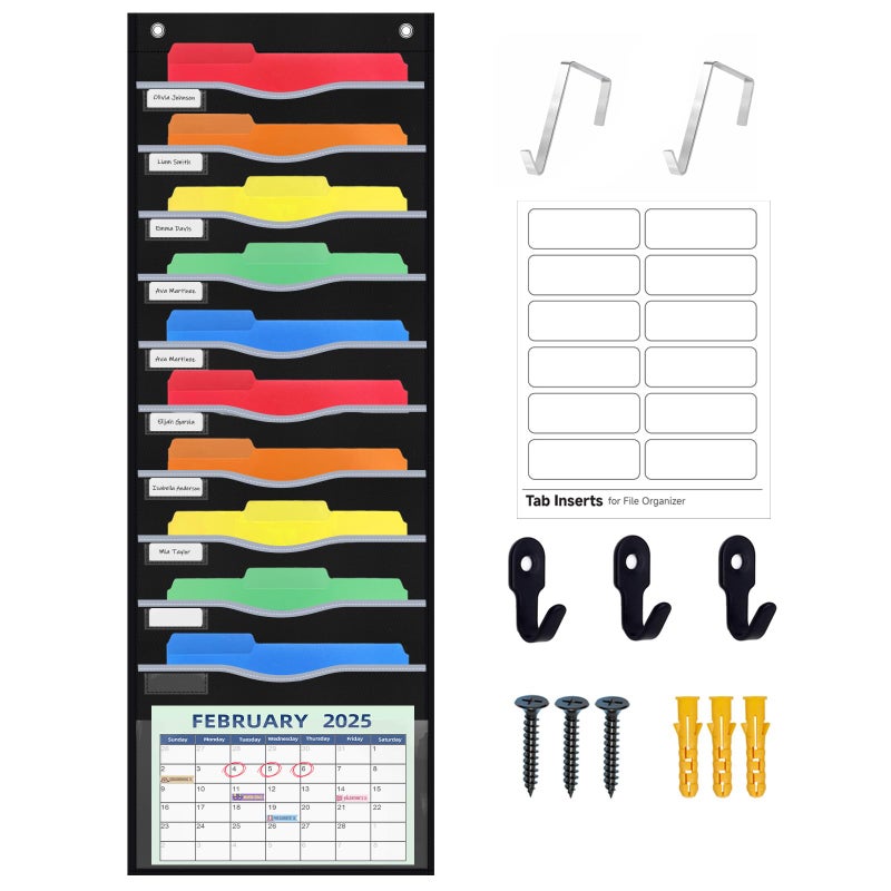 ALSLEA 11 Pockets Hanging Wall File Organizer 15" Extra Wide Pocket Chart for Classroom, Office, Home, Mail Organizer Wall Mounted with 1 Writable Clear Pocket, 5 Wall/Door Hooks & 12 Labels (Black) - Image 1