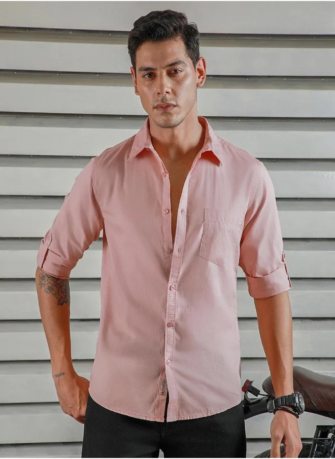 هاي ستار Men's Dusty Pink 100% Cotton Solid Button Down Regular Fit Shirt
