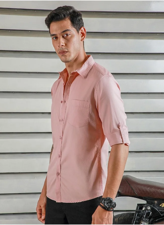 هاي ستار Men's Dusty Pink 100% Cotton Solid Button Down Regular Fit Shirt
