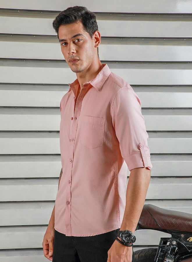 HIGH STAR Men's Dusty Pink 100% Cotton Solid Button Down Regular Fit Shirt - Image 5