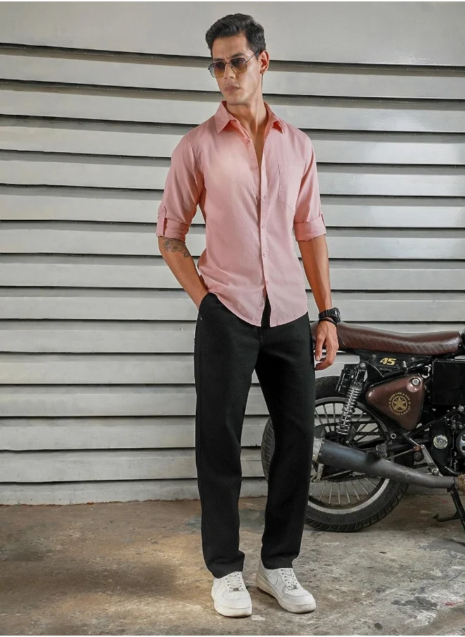 هاي ستار Men's Dusty Pink 100% Cotton Solid Button Down Regular Fit Shirt