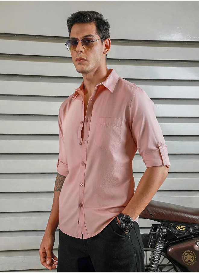 هاي ستار Men's Dusty Pink 100% Cotton Solid Button Down Regular Fit Shirt