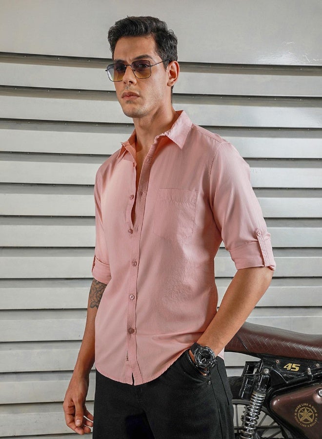HIGH STAR Men's Dusty Pink 100% Cotton Solid Button Down Regular Fit Shirt - Image 2